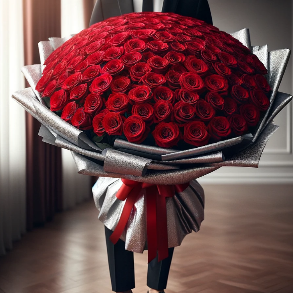  Large bouquet of red roses with silver wrapping, premium supersized and large 99-stalks roses flowers bouquet in singapore