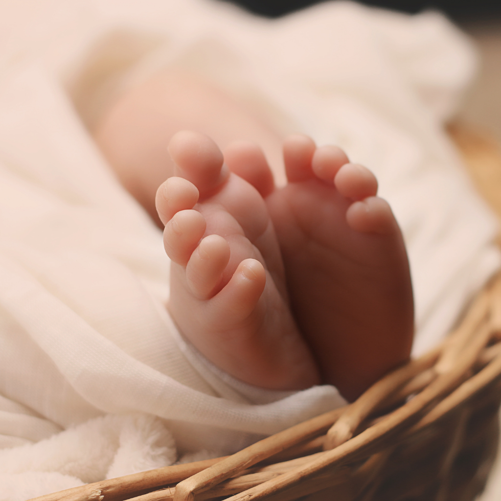 Flowers for New Baby - Close-up of a newborn's feet wrapped in a soft blanket