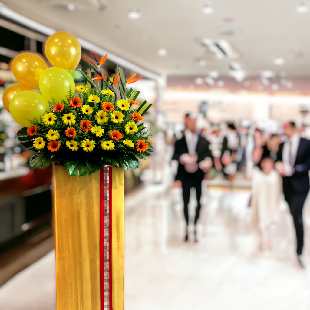 Grand opening flower stands in Singapore: a vibrant display of colorful blooms, symbolizing celebration and new beginnings.