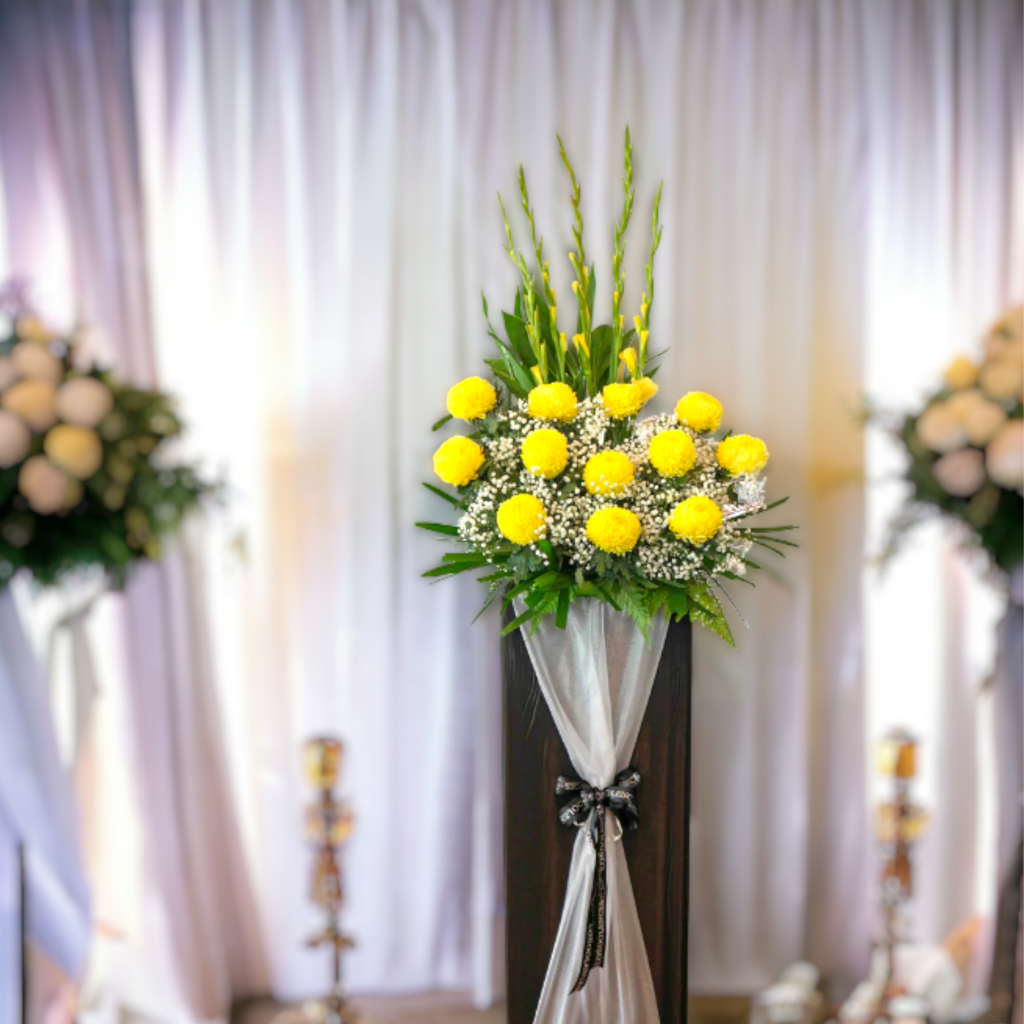cheap <$100 Singapore-style condolences flower stand at a singapore funeral or wake