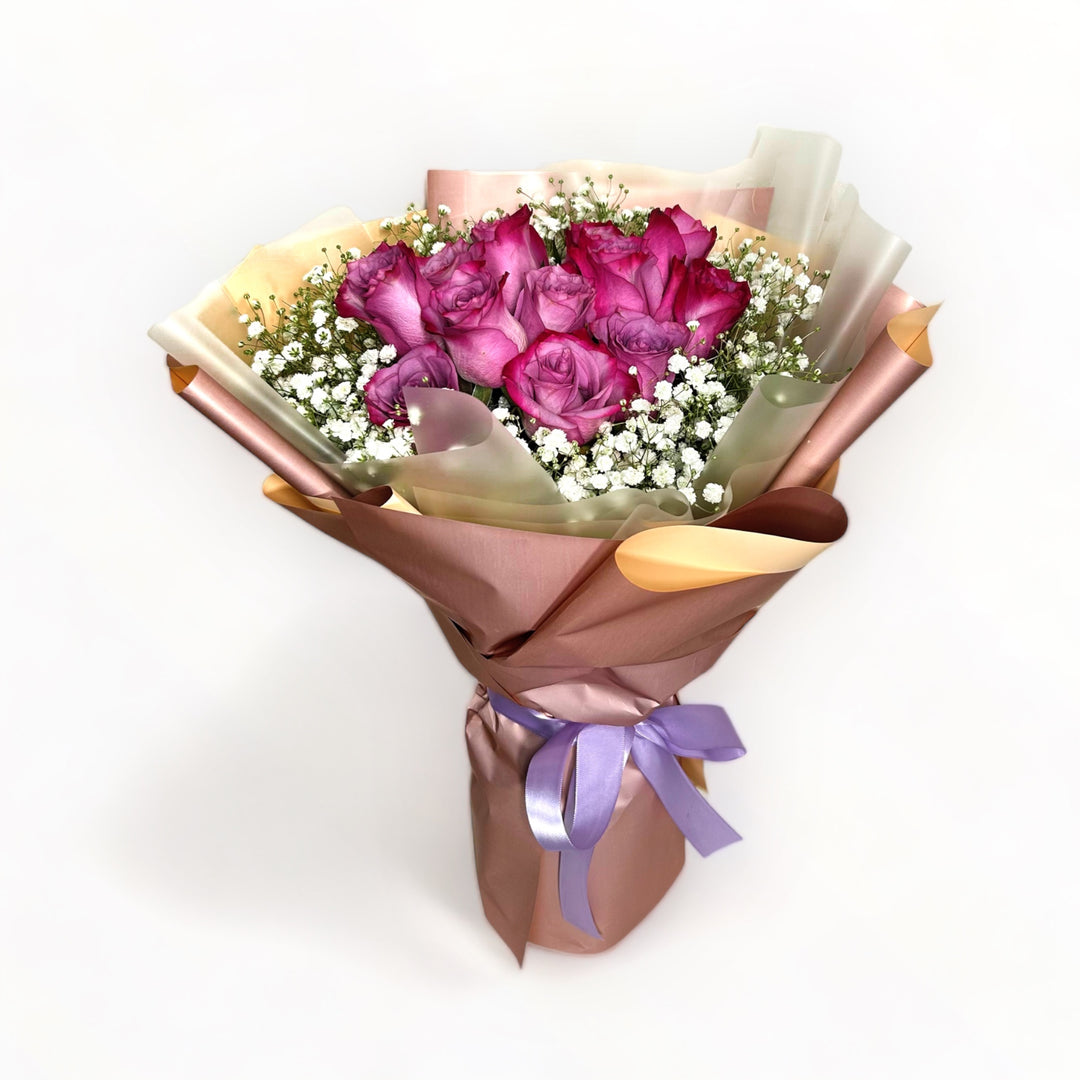 flowerbouquet-2-tone-perple-roses-babys-breath-lavender-ribbon-with-white-background
