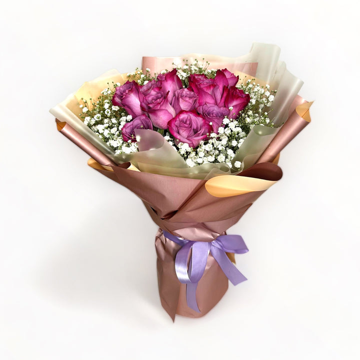 flowerbouquet-2-tone-perple-roses-babys-breath-lavender-ribbon-with-white-background