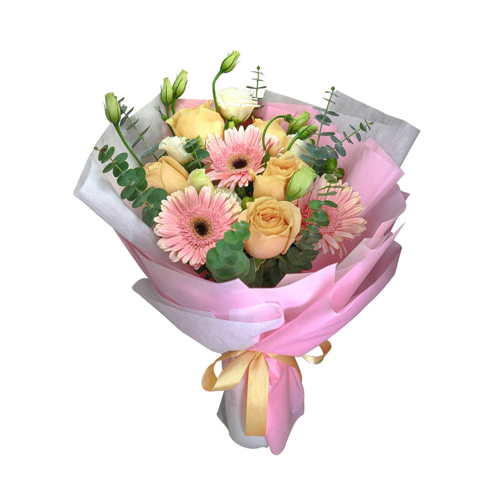 flowerbouquet-champagne-rose-pink-gerbera-white-eustoma-white-and-pink-wrapper-with-white-background