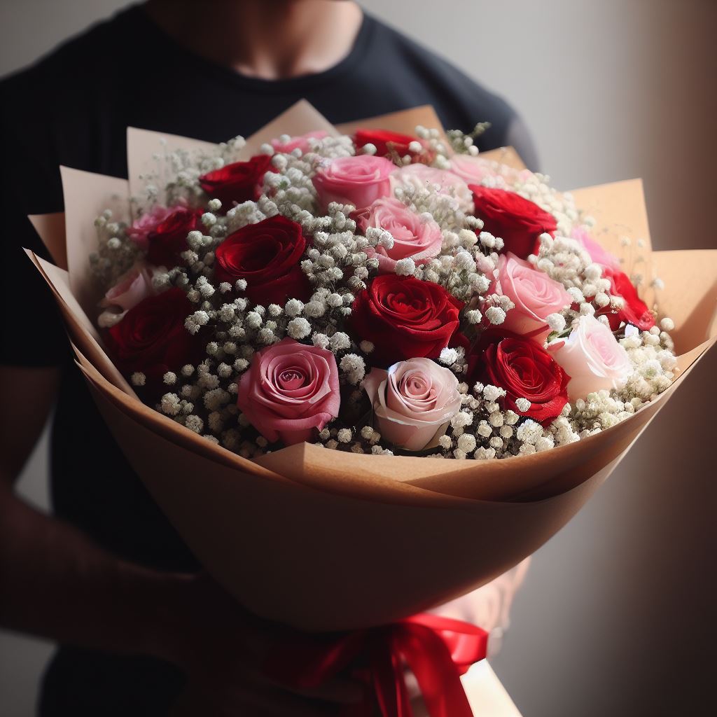 flowerbouquet-roses-babysbreath-pink-wrapper-held-by-a-gentleman