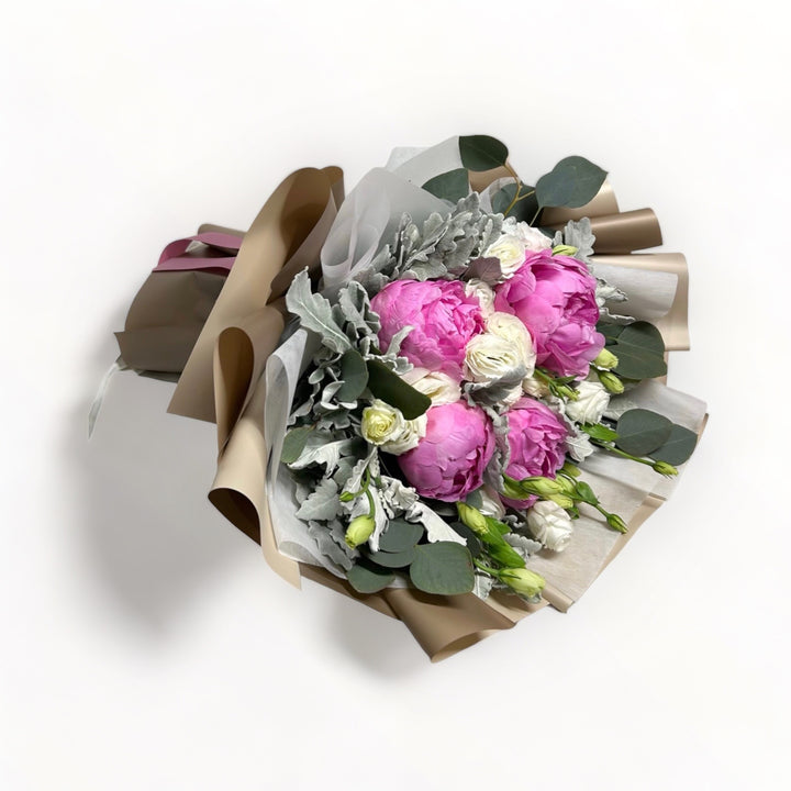 flower bouquet-pink-peonies-eustoma-silver-leaf-brown-wrapper-side
