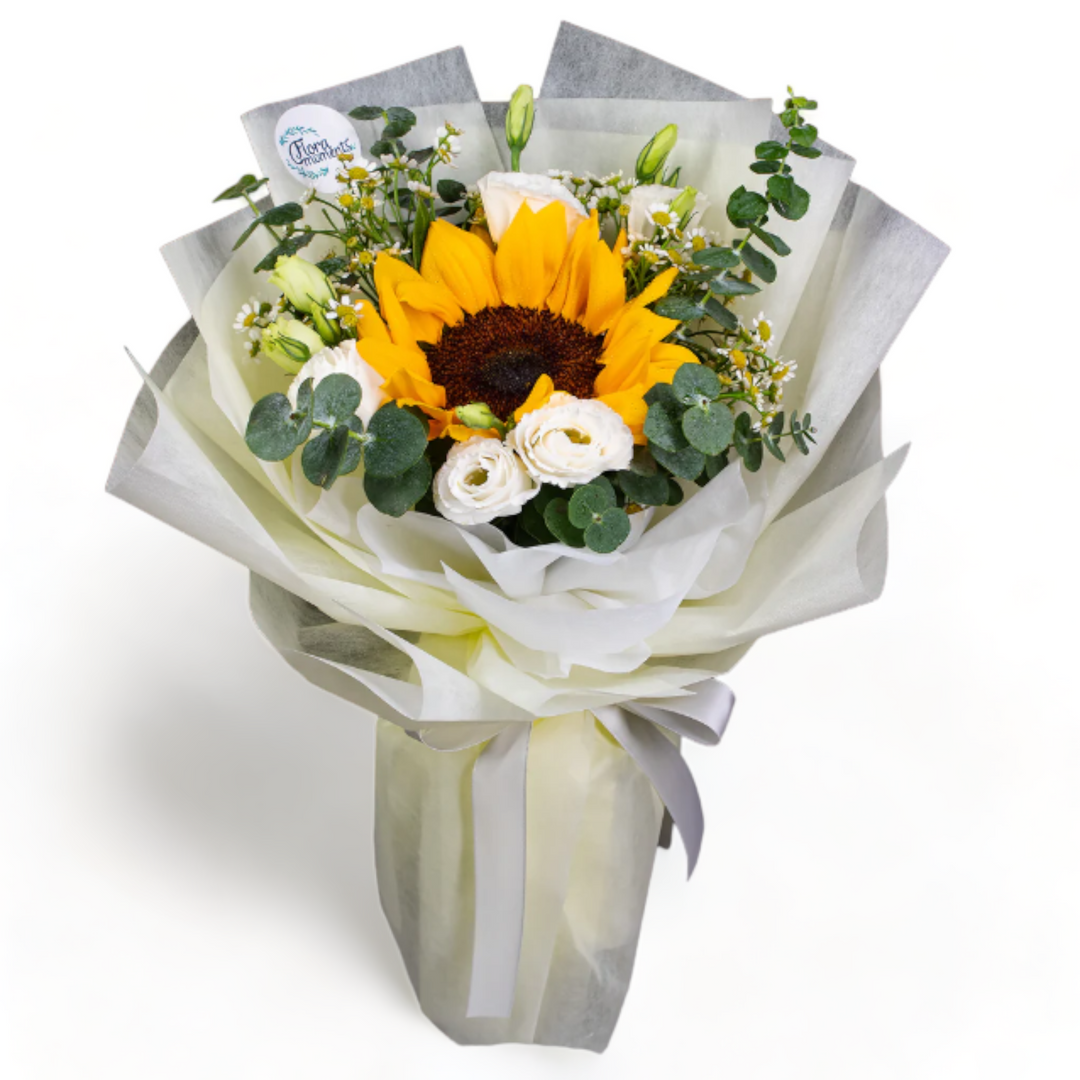 flowerbouquet-sunflower-white-eustoma-eucalyptus-cream-wrapper-with-white-background