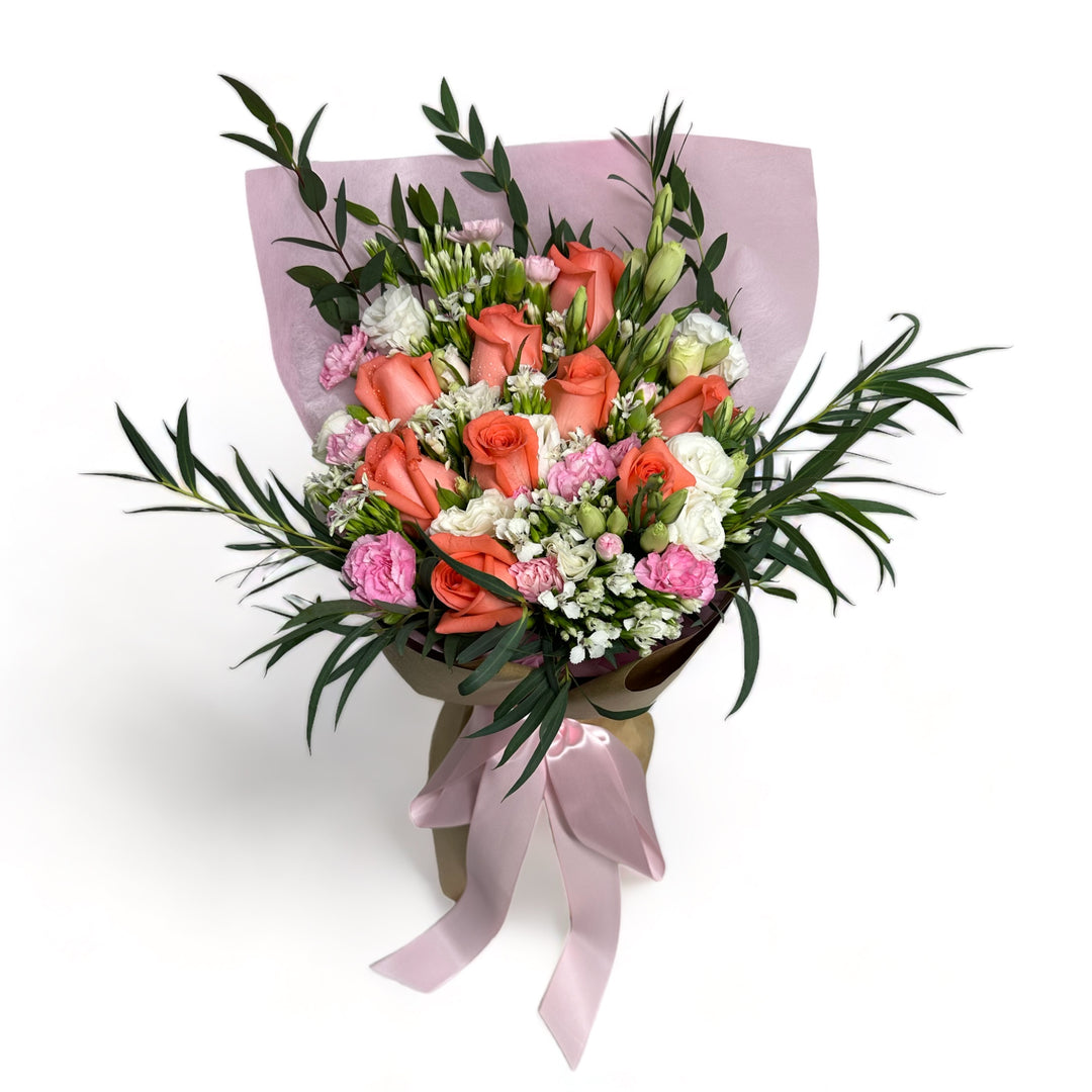 flowerbouquet-eustoma-roses-carnation-sweetwilliam-eucalyptus-pink-wrapper-with-white-background