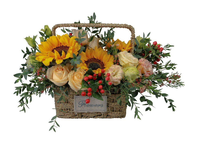 basket-sunflowers-champagne-roses-eustoma-vibrant-hypericum-red