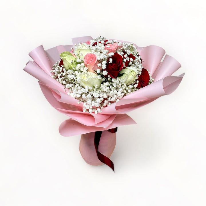 bouquet-of-34-stalks-red-pink-white-roses-with-babys-breath-wrapped-in-pink-front
