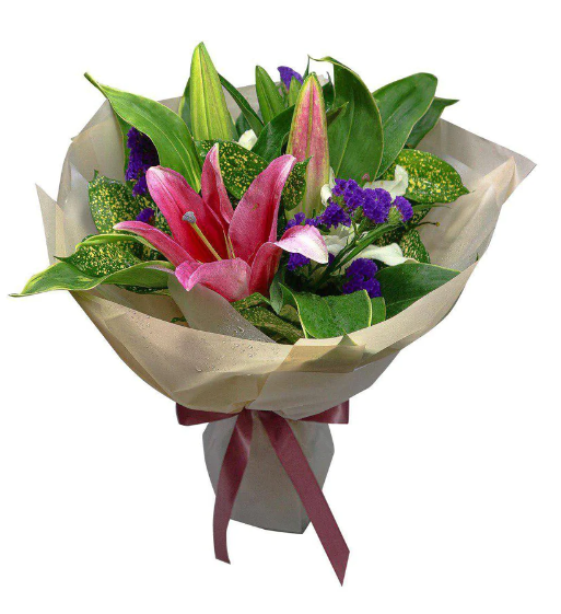 flowerbouquet-lilies-statice-japanese-bamboo-leaves-cordyline-leaves-pink-ribbon-with-white-background