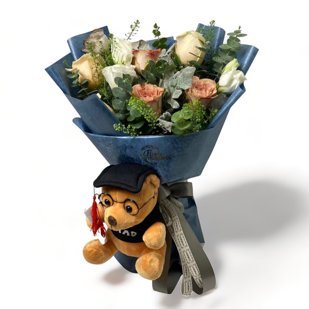 flowerbouquet-neutral-roses-eucalyptus-leaf-eustoma-blue-wrapper-with-grad-bear