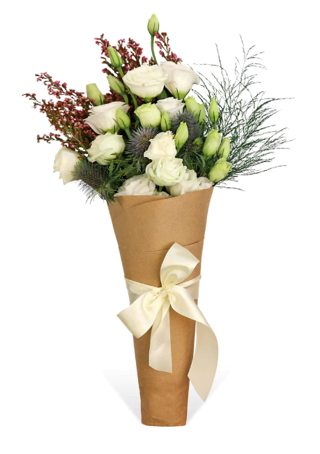 flowerbouquet-white-eustoma-eryngium-pink-caspia-wrapped-in-a-cone-bouquet