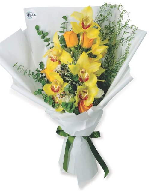 flowerouquet-yellow-orchid-roses-eucalyptus-green-bell-white-wrapper-with-white-background