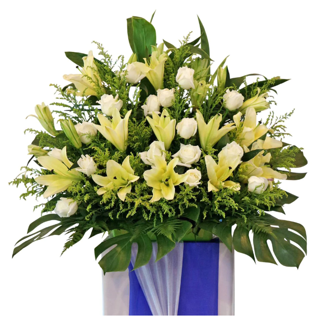 flowerstand-whitelily-whitesuperroses-goldenphoenix-monstera-zoomed-in-a-white-background