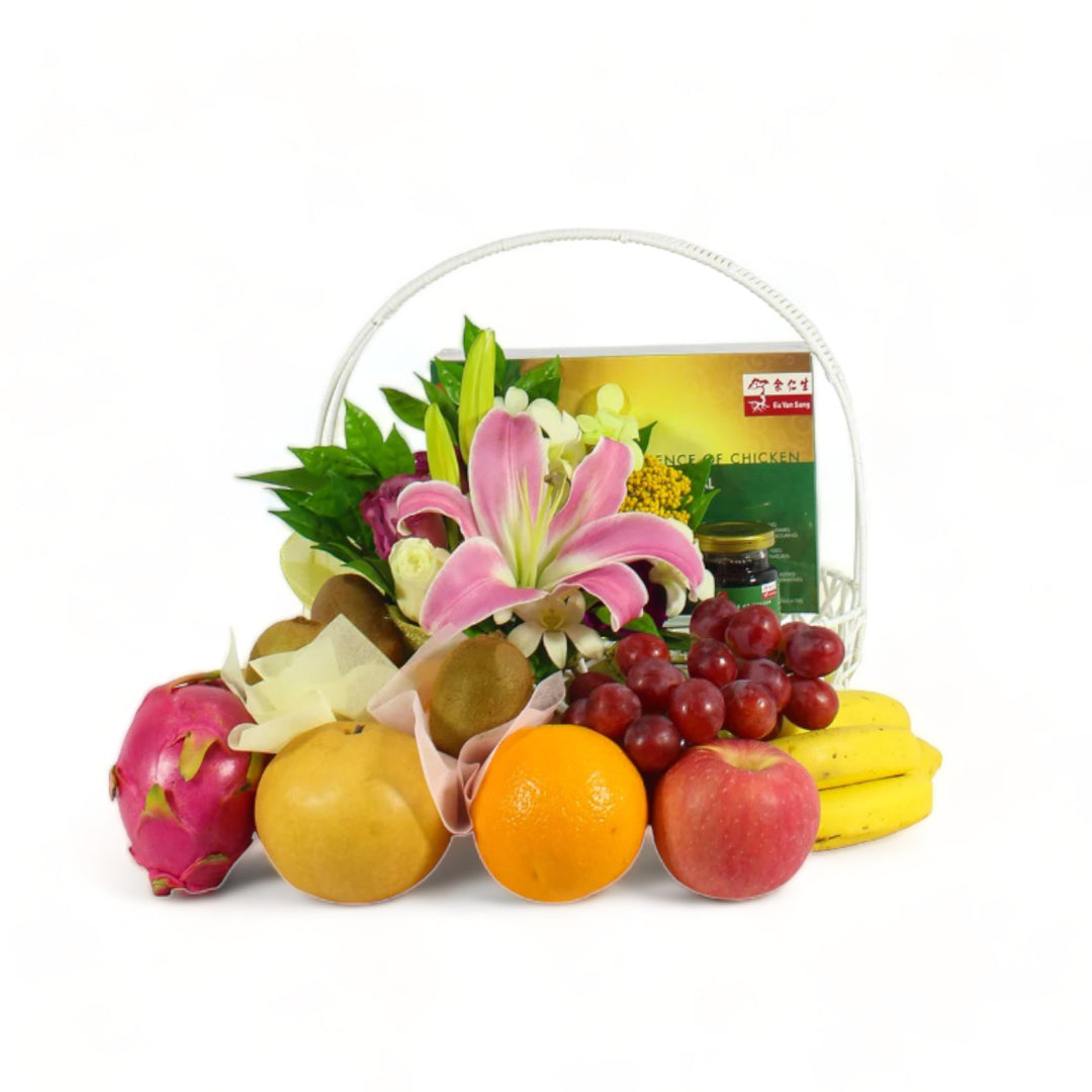 hamper-eu-yan-sang-essence-of-chicken-fruits-pink-lily-with-white-background