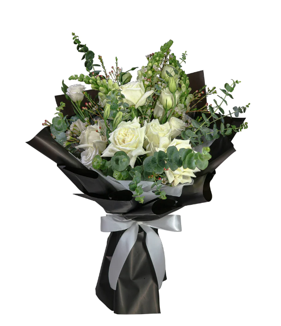flowerbouquet-with-white-roses-eustoma-and-eucalyptus-white-and-black-wrapper-with-white-background