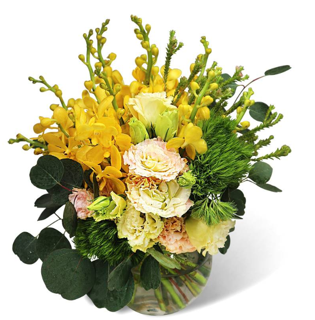 vase-yellow-orchids-champagne-eustoma-and-green-trick-flowers-front