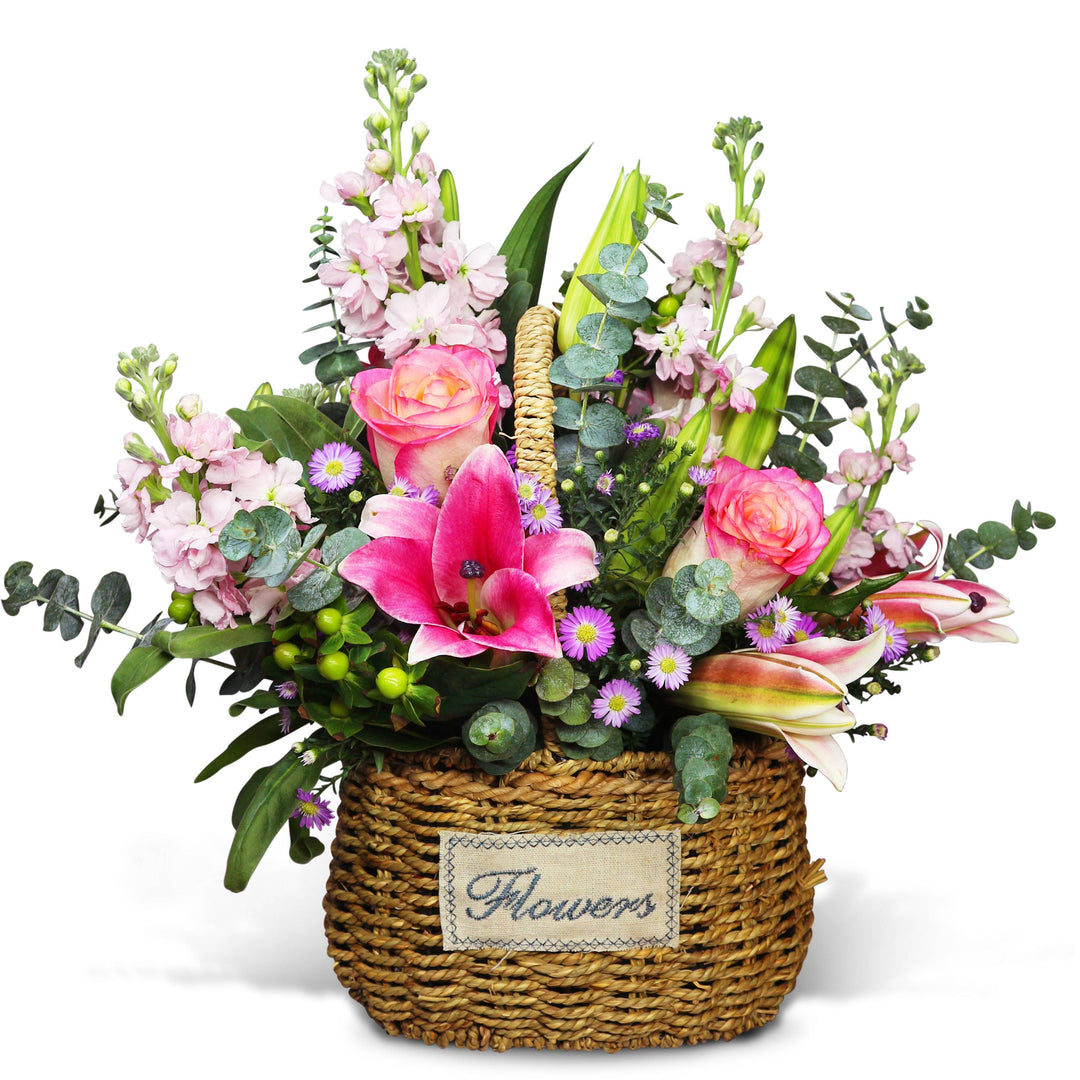  flowerbasket-lily-rose-matthiola-eucalyptus-leaf-with-white-background