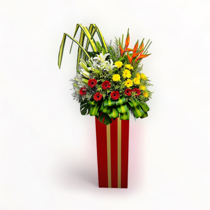 flowerstand-lilies-gerberas-heliconia-gold-phoenix-with-white-background-rear-view