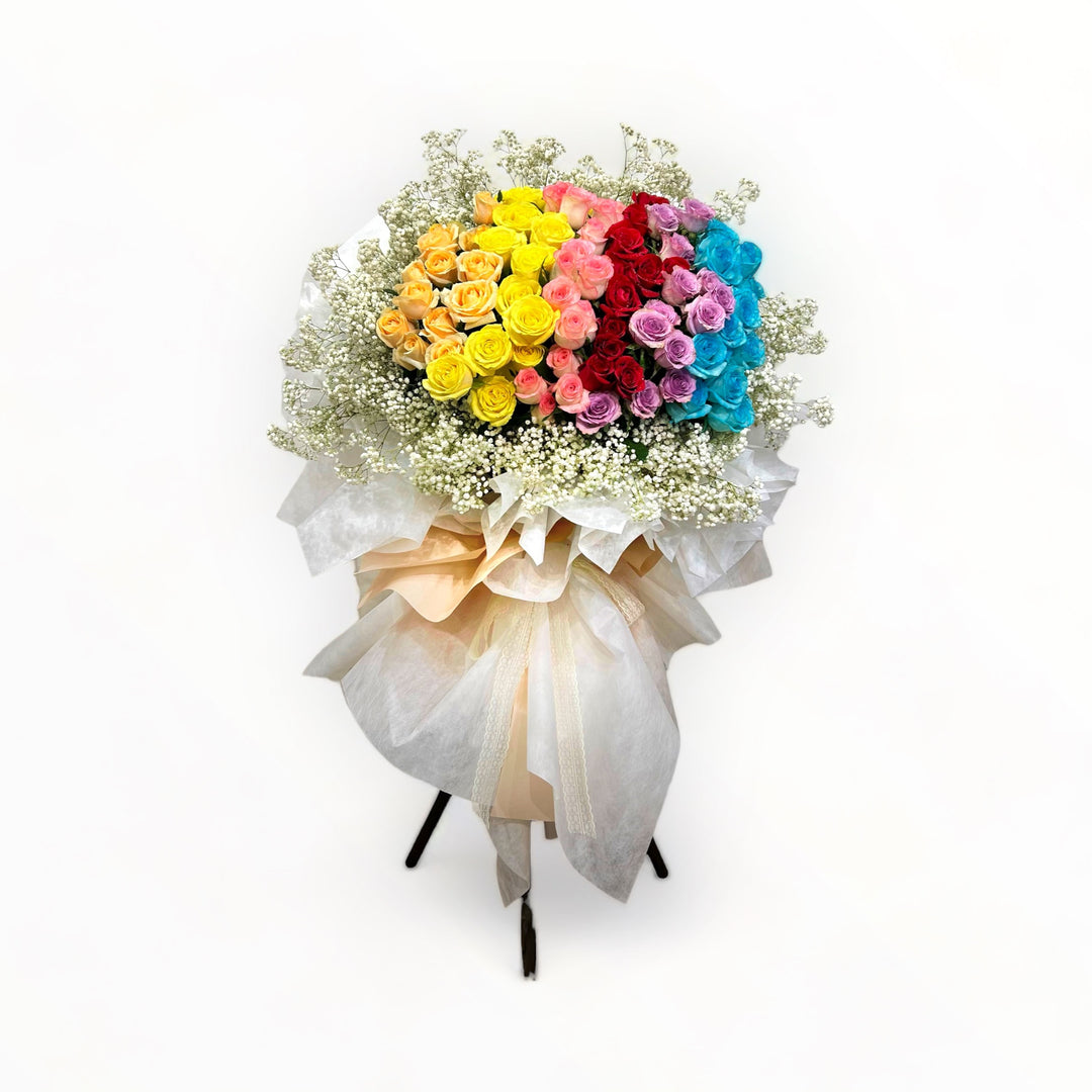 80 roses multi color grand opening flower stand with Baby's Breath