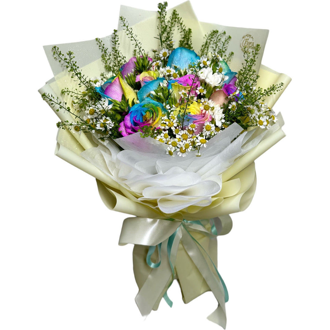 flowerbouquet-rainbow-roses-carnation-daisies-gren-bell-yellow-wrapper-with-white-background