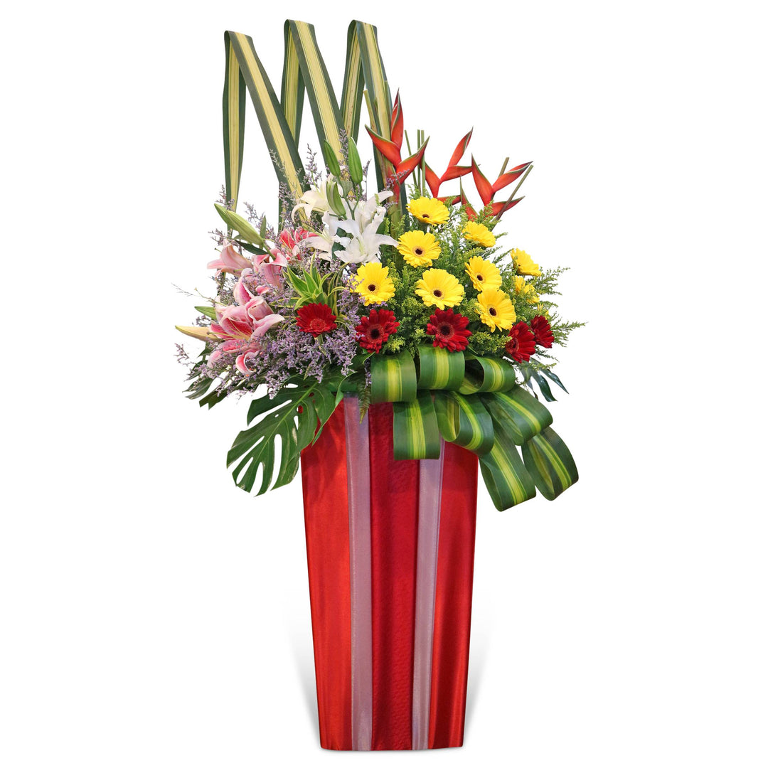 flowerstand-lilies-gerberas-heliconia-gold-phoenix-with-white-background