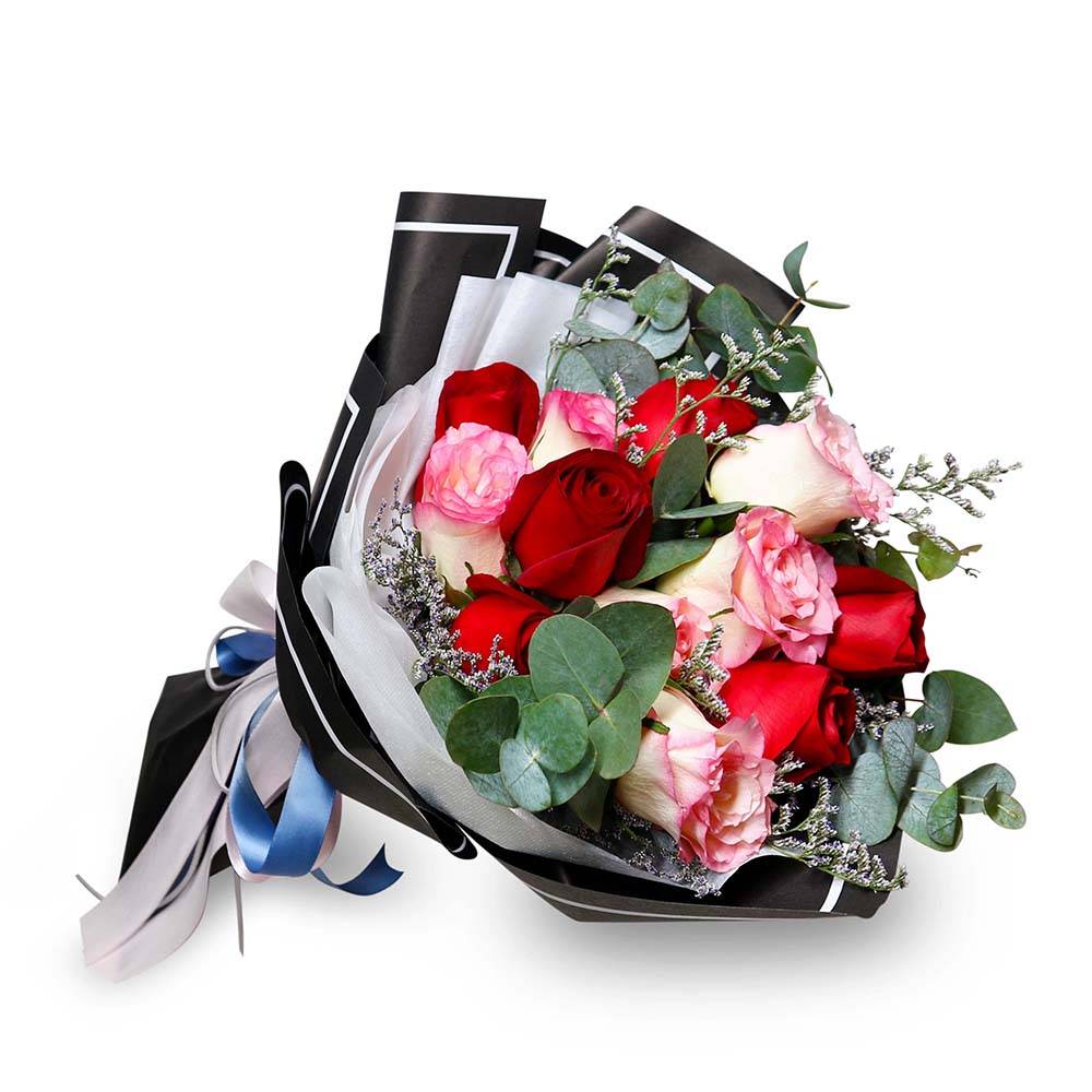 flowerbouquet-roses-eucalyptus-caspia-in-a-monochrome-bouquet-wrapped-in-white-and-black-with-a-backdrop-of-pure-white-side
