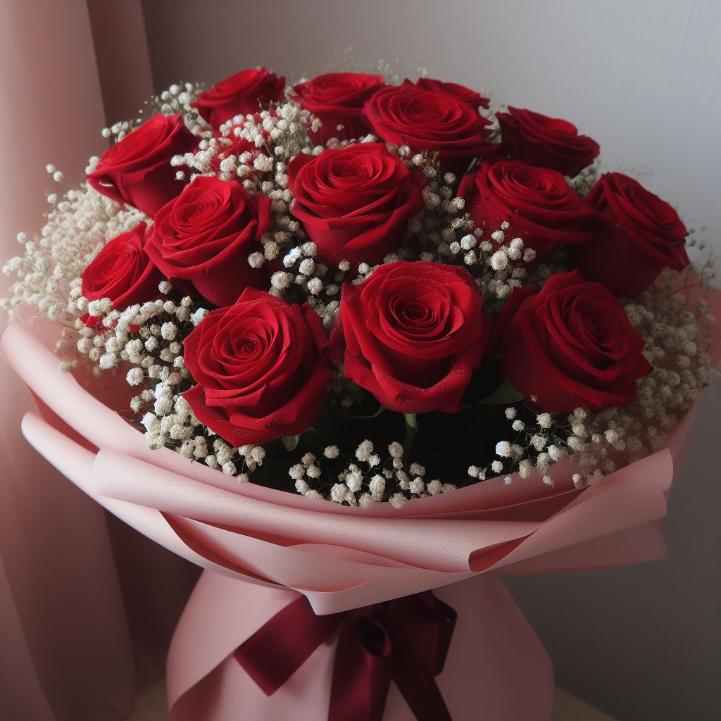 flowerbouquet-red-roses-baby-breath-pink-wrapper-dark-red-ribbon-with-pink-curtain-beside-set-against-a-demure-background