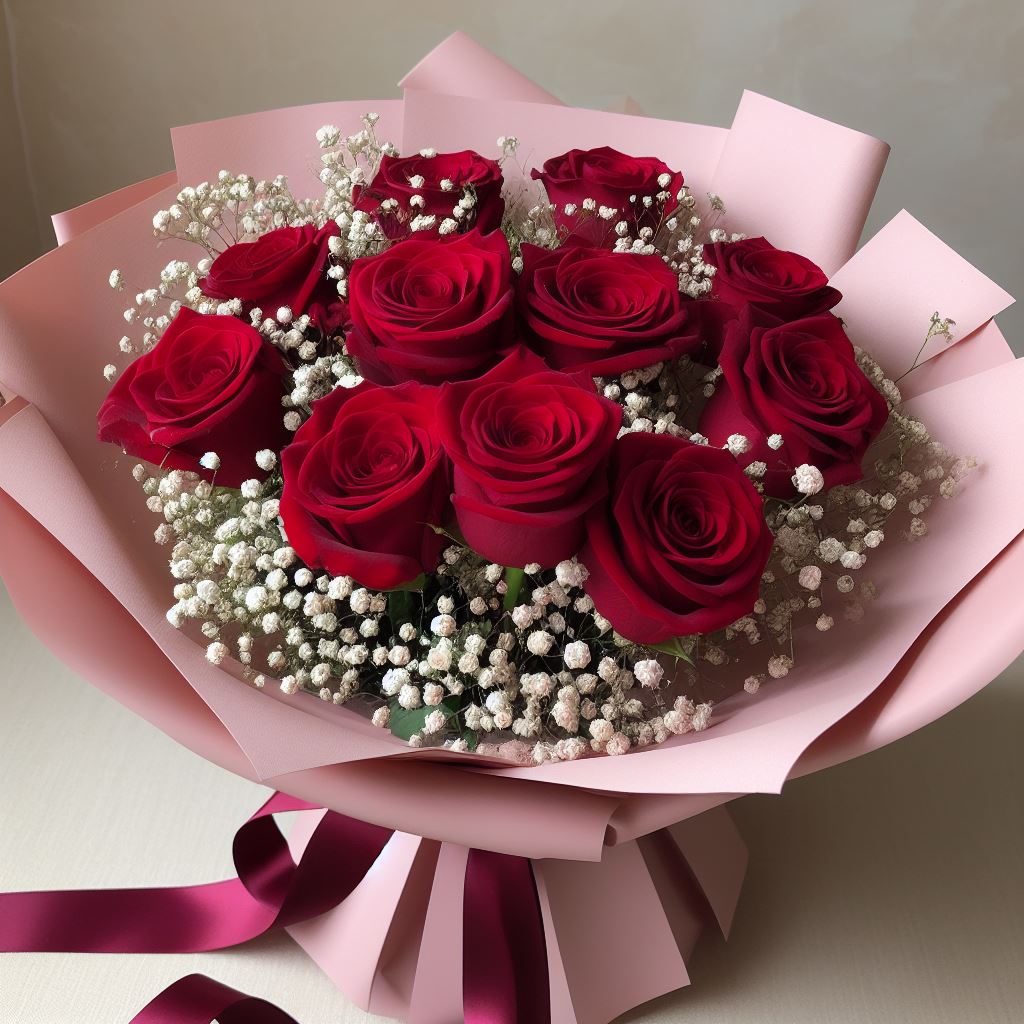 flowerbouquet-red-roses-baby-breath-pink-wrapper-dark-red-ribbon-against-a-subtly-cream-backdrop-radiating-timeless-elegance 