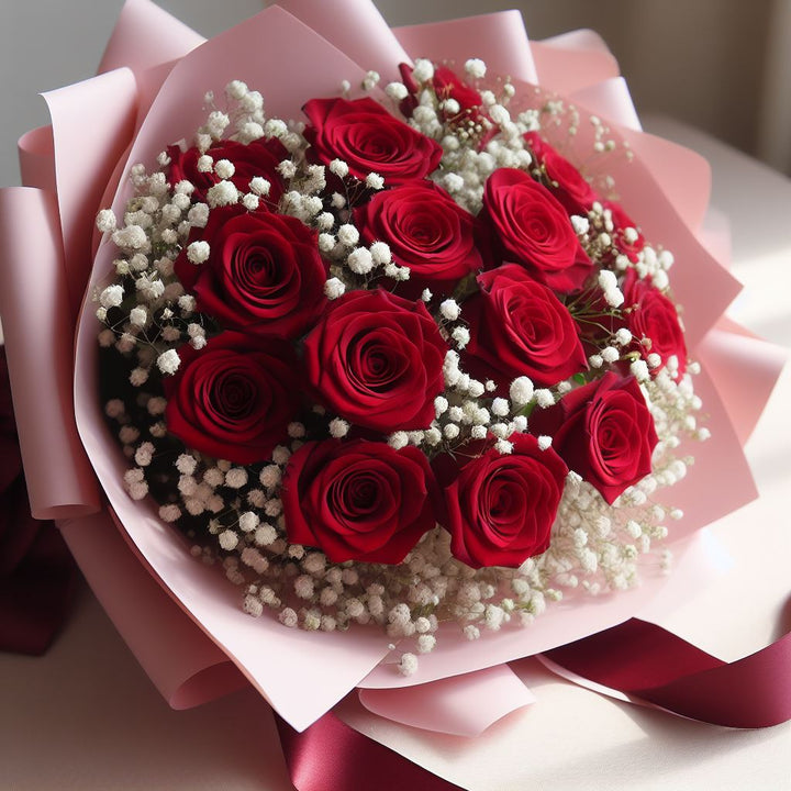 flowerbouquet-red-roses-baby-breath-pink-wrapper-dark-red-ribbon-captivating-super-zoomed-view-with-a-beautifull- blurred-background