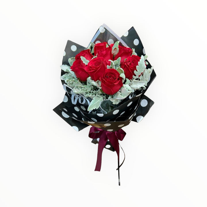 flowerbouquet-red-rose-silver-leaf-black-polka-dots-wrapper-maroon-ribbon-with-white-background
