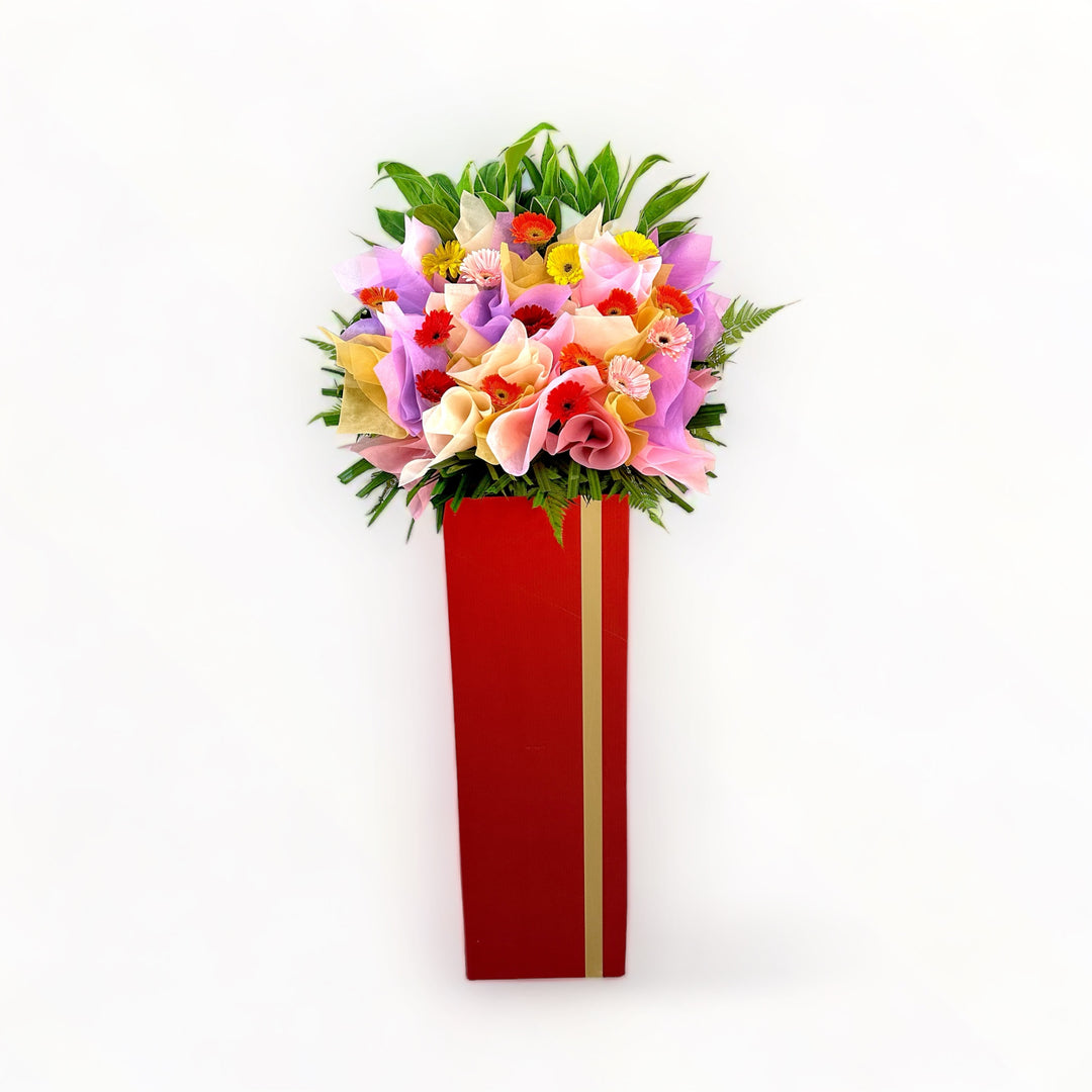 flowerstand-yellow-pink-orange-red-gerbera-with-white-background