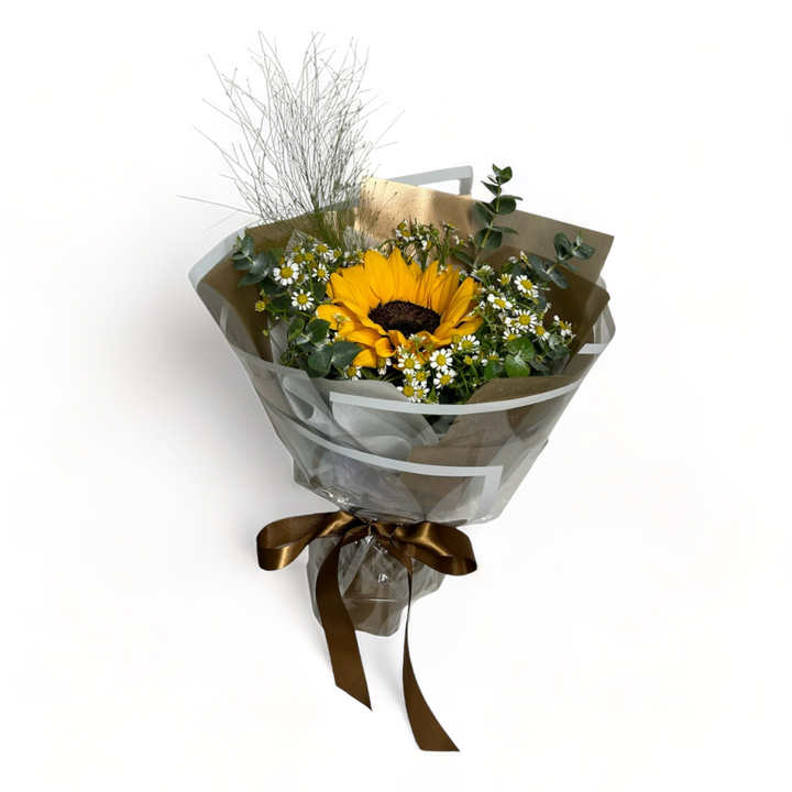flowerbouquet-sunflower-daisy-eucalyptus-panicum-brown-wrapper-with-brown-ribbon