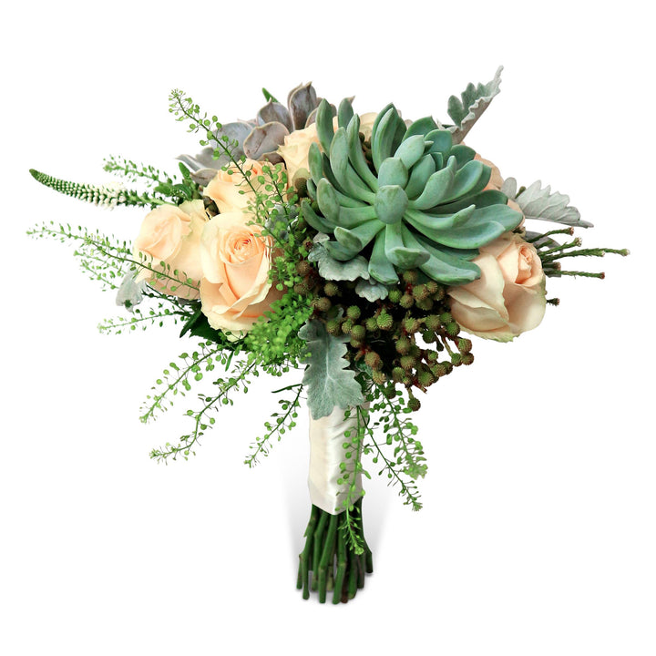 bridal-bouquet-succulents-champagne-roses-stem-wrapped-with-cream-ribbon-with-white-background