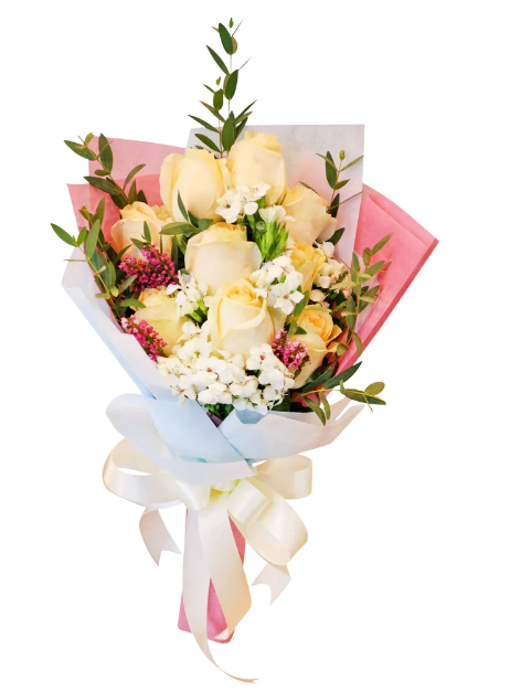 bouquet-champagne-rose-sweet-williams-mini-eucalyptus-wrapped-in-multi-color-and-cream-ribbon