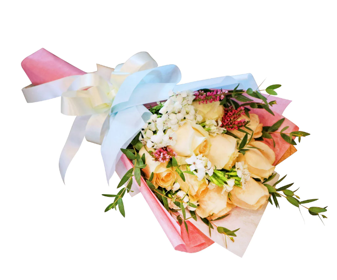 bouquet-champagne-rose-sweet-williams-mini-eucalyptus-wrapped-in-multi-color-and-cream-ribbon-side