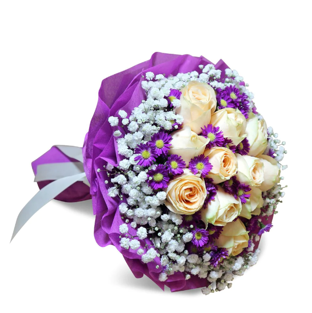 bouquet-champagne-roses-with-babys-breath-daisies-purple-wrapper-with-white-background