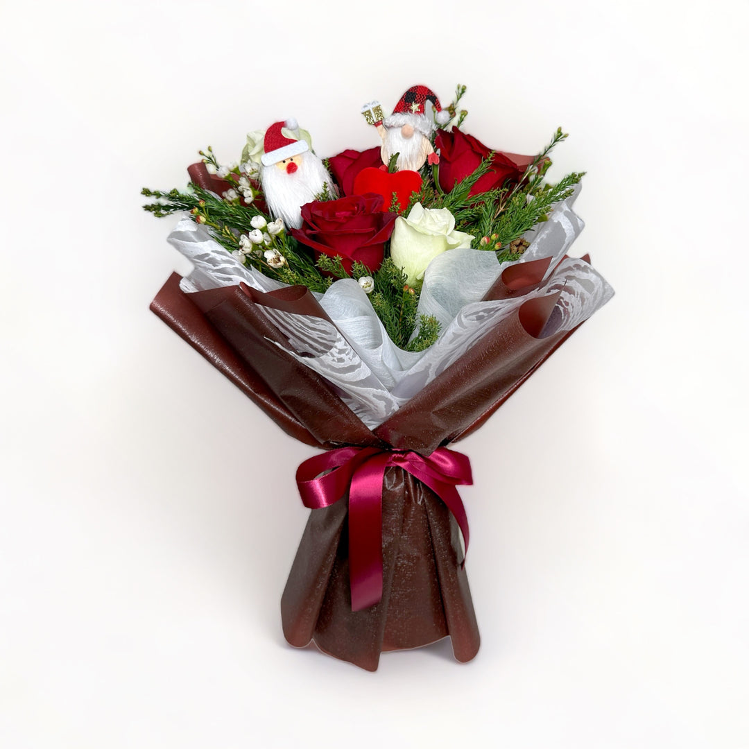 flowerbouquet-red-roses-wax-flower-cryptomeria-with-christmas-decor-marron-wrapper-with-white-background
