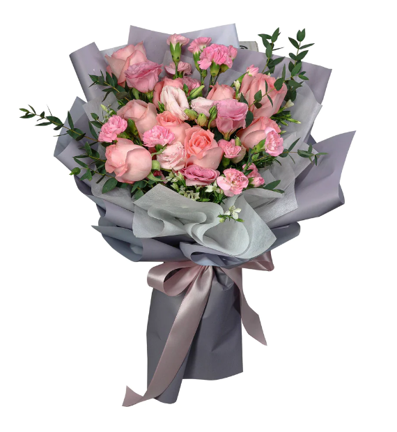 flowerbouquet-roses-carnation-eustoma-sweet-williams-mini-eucalyptus-grey-wrapper-with-white-background