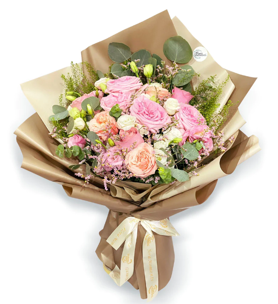 bouquet-roses-eustomas-eucalyptus-caspia-green-bell-in-a-brown-wrapper-and-white-background