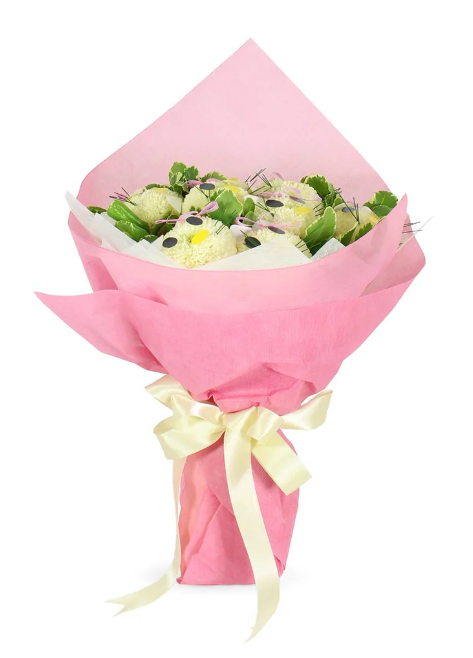 bouquet-white-marble-chrysanthemums-pittosporum-leaves--pink-wrapper-with-white-background