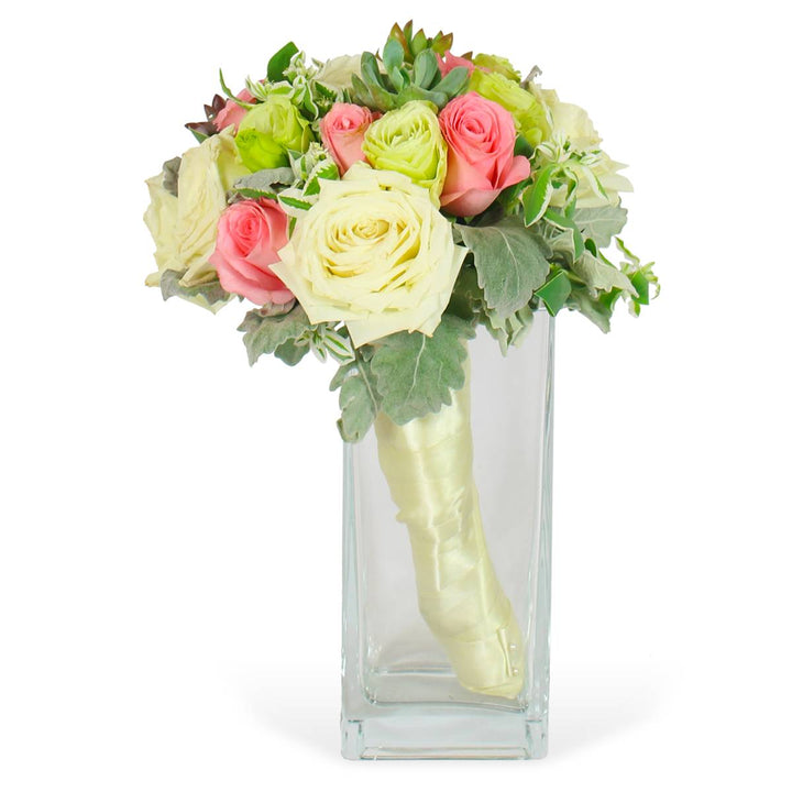 bridal-bouquet-white-pink-rose-eustoma-dusty-miller-succulents-wrpped-with-cream-ribbon