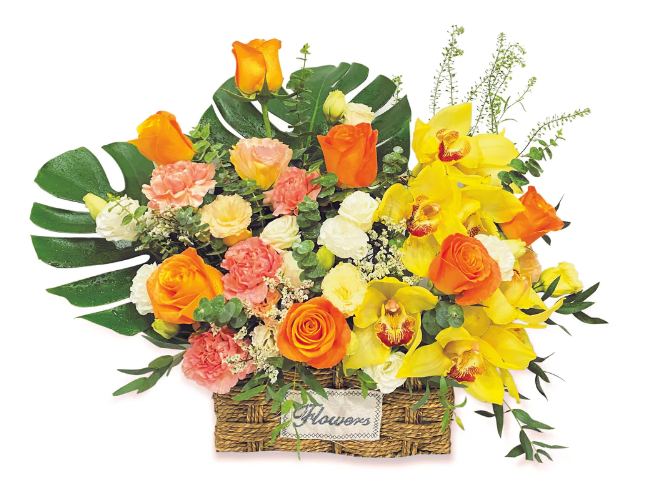 florabasket-orange-roses-champagne-eustoma-carnation-yellow-orchid-with-white-background