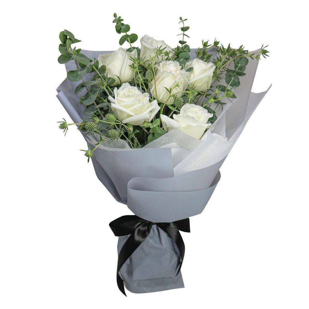 flower-bouquet-white-roses-eucalyptus-leaf