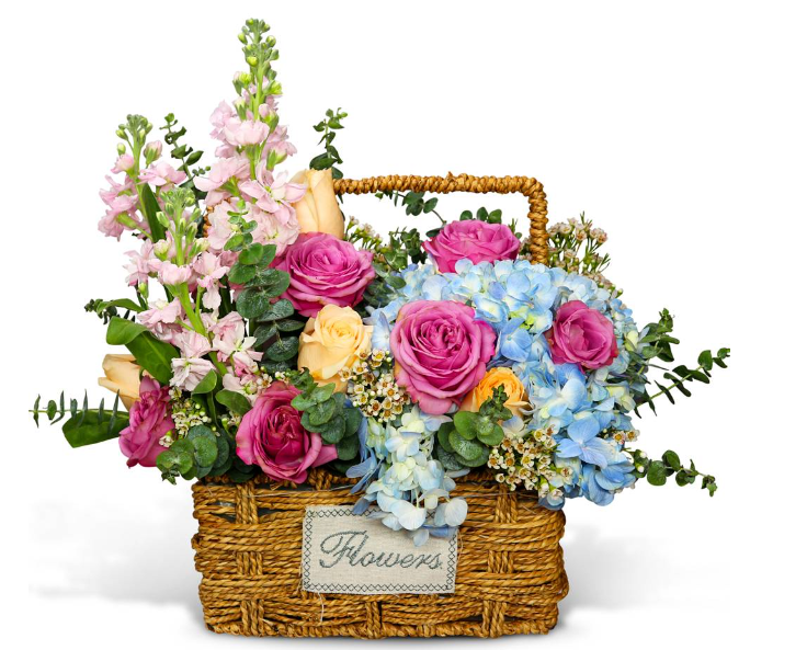 flowerbasket-hydrangea-rose-matthiola-eucalyptus-leaf-with-white-background