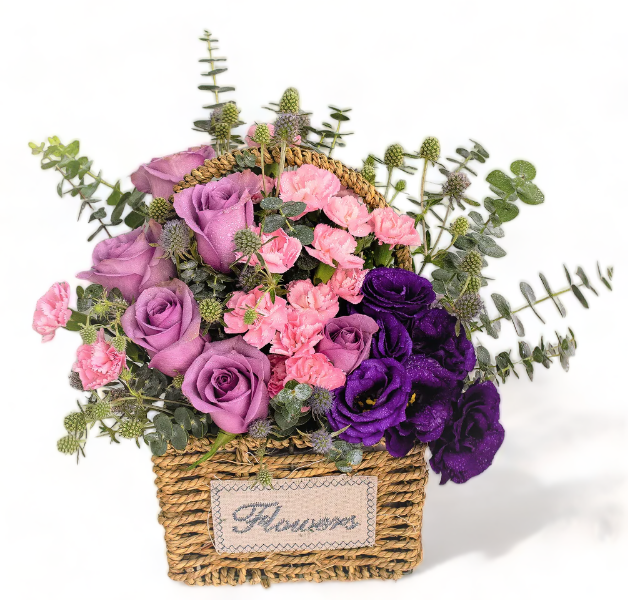 flowerbasket-rose-carnation-eustoma-eucalyptus-mini-eryngium-with-white-background