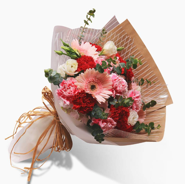flowerbouquet-carnations-gerbera-eucalyptus-leaf-eustoma-with-transparent-striped-and-brown-wrapper-with-white-background
