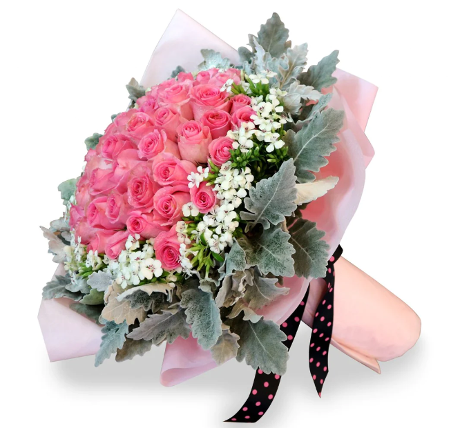  flowerbouquet-pinkrose-sweetwilliam-silverleaf-pink-wrapper-with-white-background