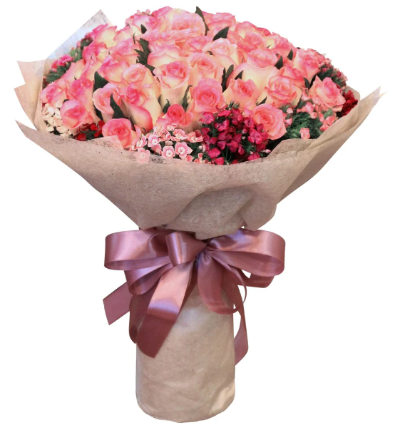 flowerbouquet-pinktiprose-sweet-william-neutral-color-of-wrapper-with-white-background