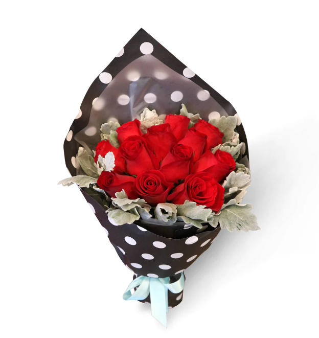 flowerbouquet-red-rose-silver-leaf-black-polka-dots-wrapper-sky-blue-ribbon-with-white-background